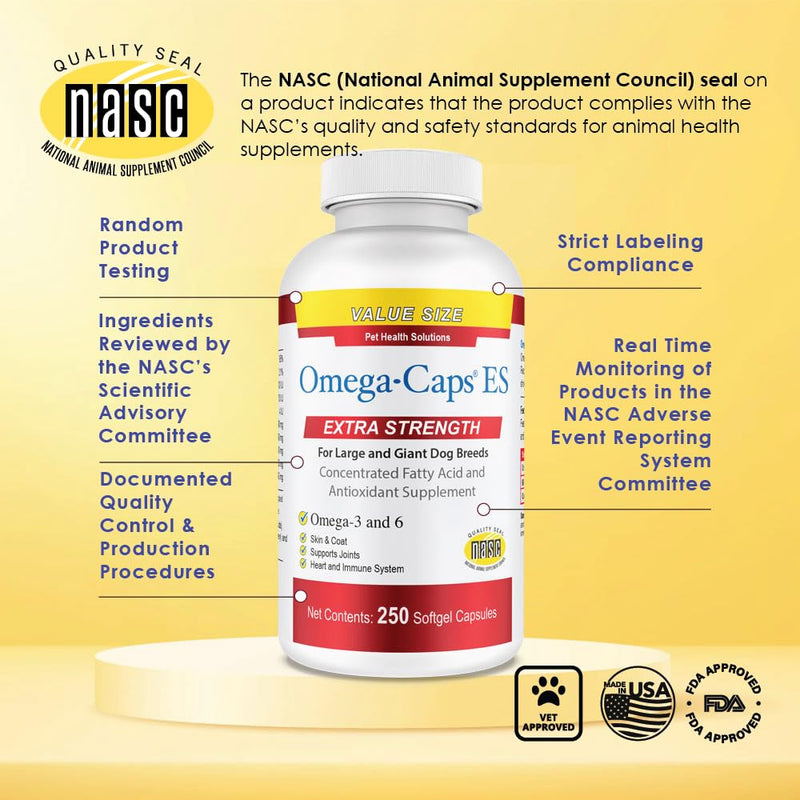 Extra Strength for Large and Giant Dogs Value Size Omega-3 and Omega-6 Fatty Acid Antioxidant Supplement Vet Formulated Made in USA Skin Coat Joint Heart and Immune Health 250 Softgel Capsules