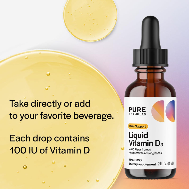 PureFormulas Liquid Vitamin D3 for Bone Health Supplement, Non-GMO Vitamin D3 Drops to Support Calcium Absorption, Easy-to-use Dropper Bottle, Kosher, GMP Assured, 2 Fl. Oz (60 ml)