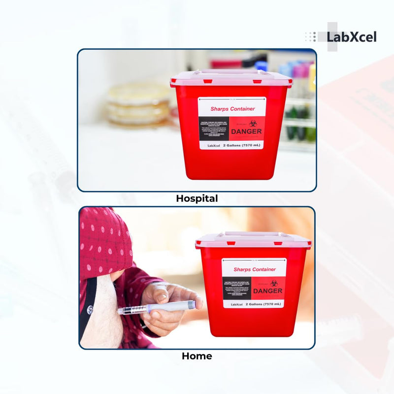 Polypropylene 2 Gallons Sharps Container with Cap ‚Äì Needle & Syringe Disposal for Home & Professional Use, Free Standing, Translucent Sliding Lid, PVC-Free Medical Waste Bin ‚Äì Red, 2 Count