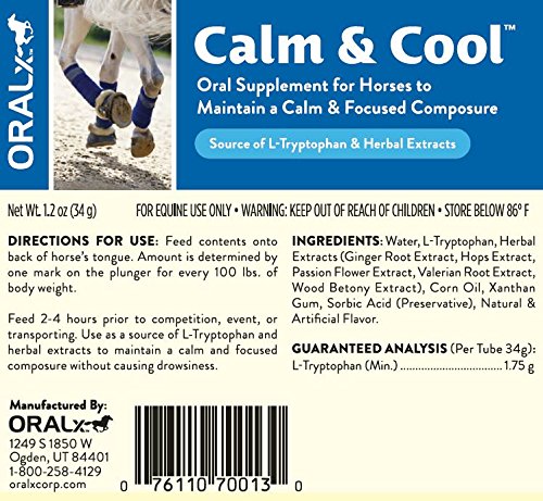 Oralx Calm and Cool for Horses. Calming Paste Formulated with L-Tryptophan & Herbal Extracts. Helps Maintain Calm, Focused Composure During Events & Transport. Easy-Dose Syringe. Made in USA - BeesActive Australia