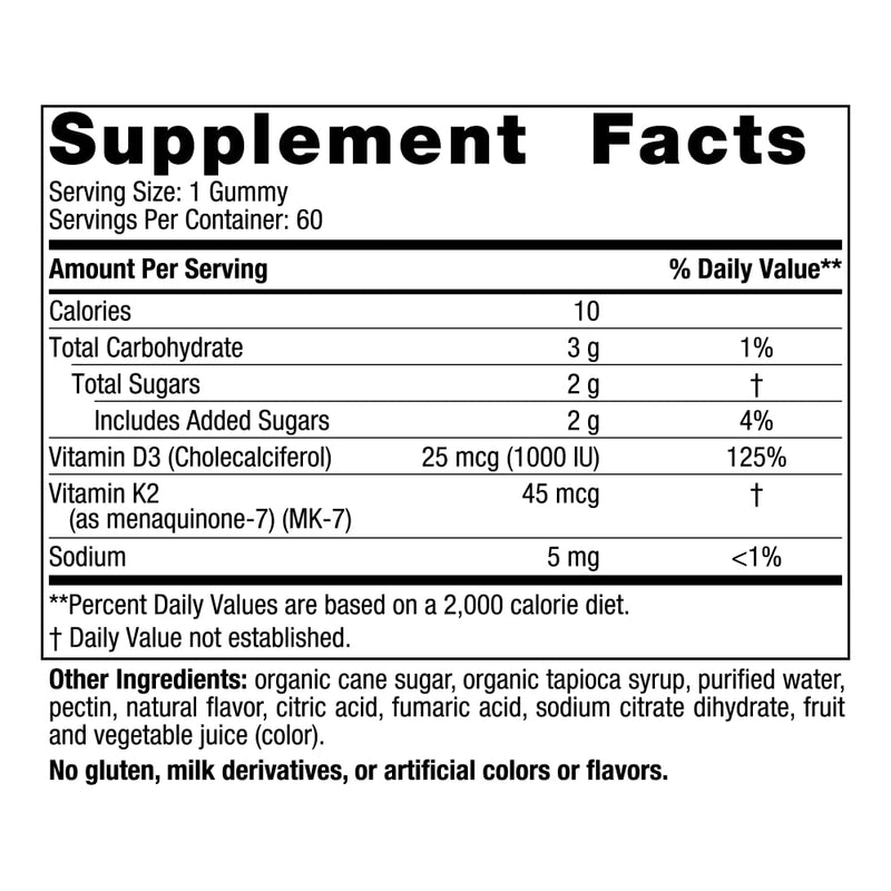 Nordic Naturals Vitamin D3 + K2 Gummies, Pomegranate - 60 Gummies - 1000 IU Vitamin D3 + 45 mcg K2 - Great Taste - Bone Health, Promotes Healthy Muscle Function - Non-GMO - 60 Servings 60 Count (Pack of 1) - BeesActive Australia