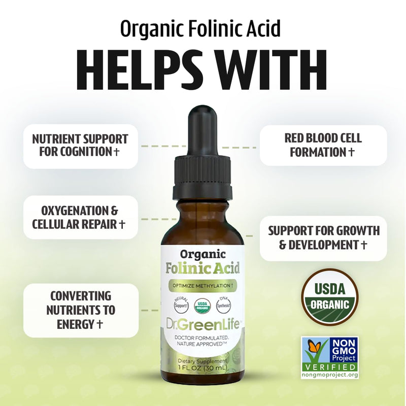 Dr. Green Mom Folinic Acid For Kids & Adults — High Dose — MTHFR-Friendly Folic Acid Alternative — Organic Liquid Drops — 500 mcg/Drop — Vitamin B9 for Methylation, Neurological & DNA Support, 1 fl oz
