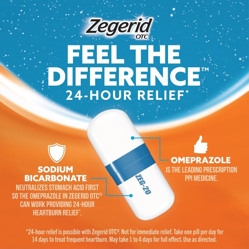 Zegerid OTC, 24-Hour Heartburn Relief, Acid Reflux Medicine and Antacid, Treats Frequent Heartburn, Omeprazole 20mg + Sodium Bicarbonate, Proton Pump Inhibitor (PPI), 42 Capsules 42 Count (Pack of 1)