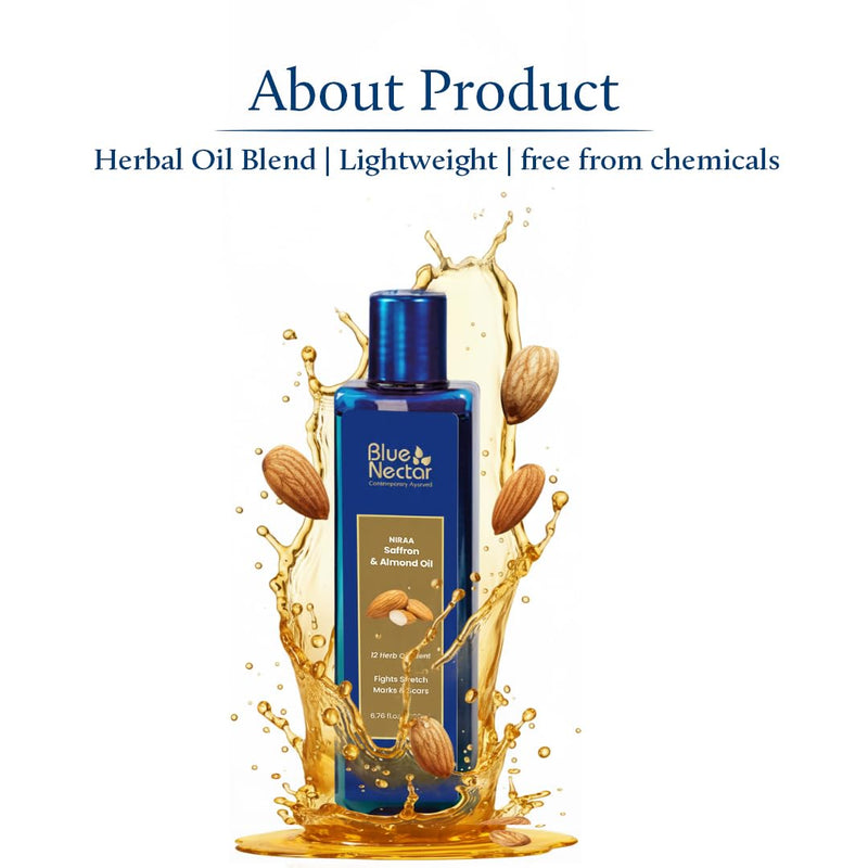 Blue Nectar Saffron & Almond Oil, Ayurveda Product for Crepey Skin | Skin Firming Body Oil for Stretch Marks (12 Herbs, 6.76 Fl Oz) 6.76 Fl Oz (Pack of 1)