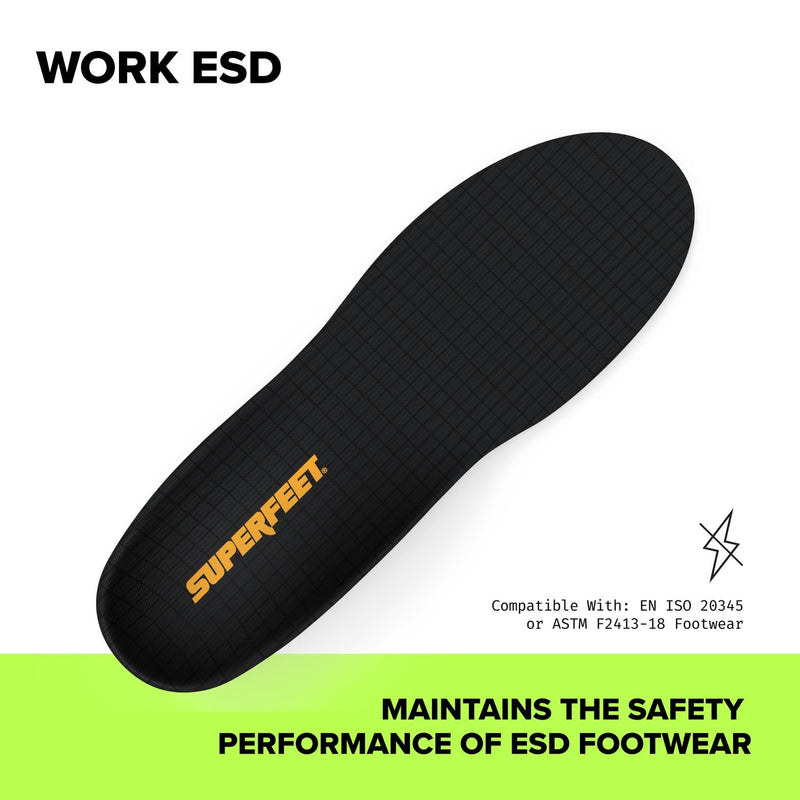Superfeet Work ESD Insoles - Electrostatic Dissipative Protection, Heel Impact Cushioning & Durable Support for Safety Toe Boots and Work Shoes, 11.5-13 Men / 12.5-14 Women