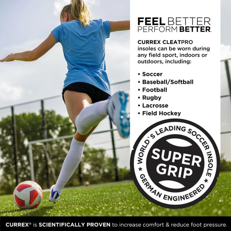 CURREX CLEATPRO - Thin, Arch Support Insoles, Comfort, Cushion & Stability in Cleats, Soccer, Football, Baseball, Softball, Super Grip for Control, Shock Absorbing Inserts, Men, Women, Medium Arch, XL Medium Arch - Yellow