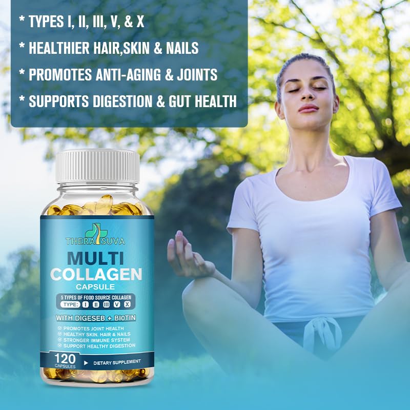 TheraSuva Multi-Collagen Complex + Biotin + Vitamin C – Types I, II, III, V & X – Natural Supplement for Hair, Skin, Nails & Mobility Support, 2 Month Supply, 120 Softgels
