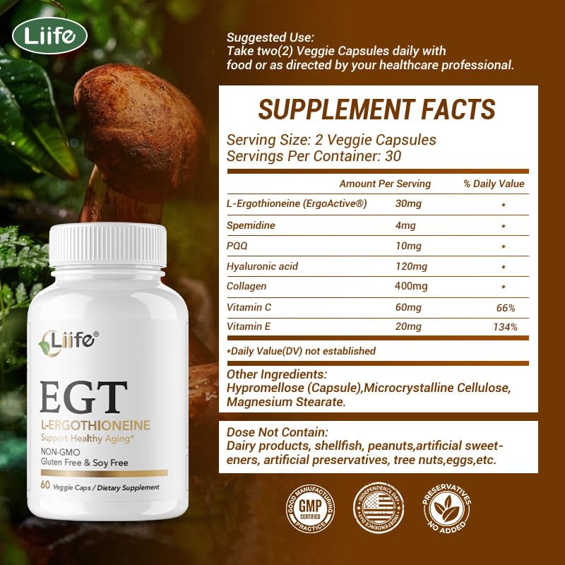 LIIFE L-Ergothioneine (EGT) 30mg Compound Antioxidant | 60 Vegan Capsules | Powerful compound antioxidant, supports healthy aging & longevity, promotes skin health. Non-GMO, Gluten Free, vegan friendly