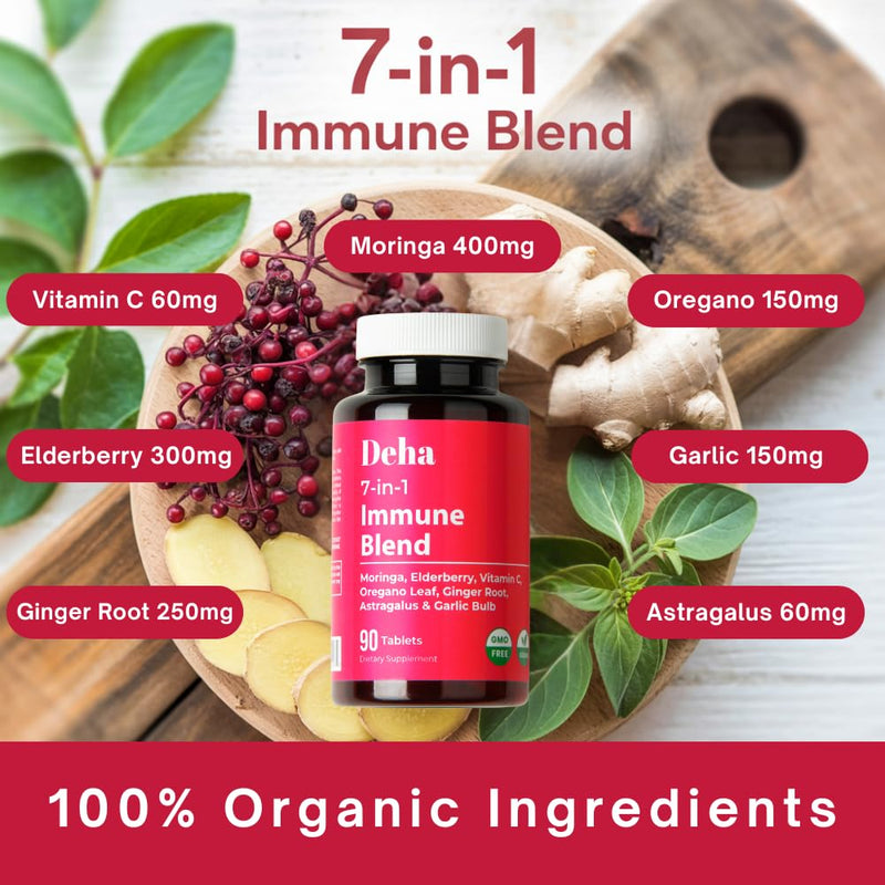 7-in-1 Immune Support Supplement Tablets Moringa Vitamin C Elderberry with Oregano Leaf, Ginger Root, Astragalus & Garlic Bulb Herbal Wellness - GMP Certified - Organic, Non-GMO, Vegan - 90 Count 1 Count (Pack of 90)