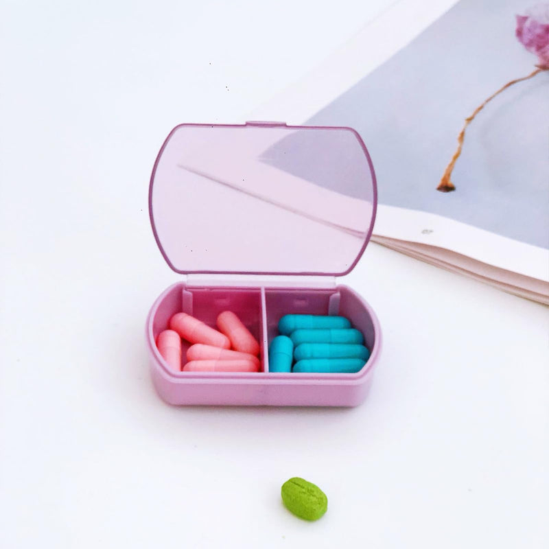 Small Pill Case Small Pill Organizer Pill Storage Device Portable Travel Pill Box Daily Medicine Storage Box 2 Compartments Pill Holder Pill Container for Vitamins, Fish Oil, Supplements Purple 2pcs