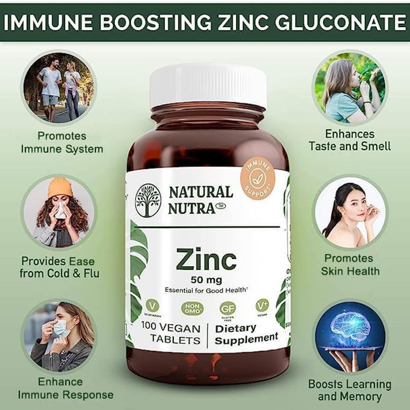 Natural Nutra Zinc Gluconate 50mg Supplement for Immune Support, Promotes Skin Health, Provides Ease From Flu & Cold, Boost Learning & Memory, Enhance Taste & Smell, Gluten Free 50mg 100 Vegan Tablets 100 Count (Pack of 1)