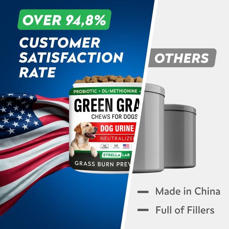 STRELLALAB Dog Pee Grass Chews - Urine Neutralizer for Green Grass Burn Spots - Grass Treatment for Pet Urine - Green Lawn Chews for Dogs with Probiotics - Made in USA (120Ct) 120Ct (BBQ)