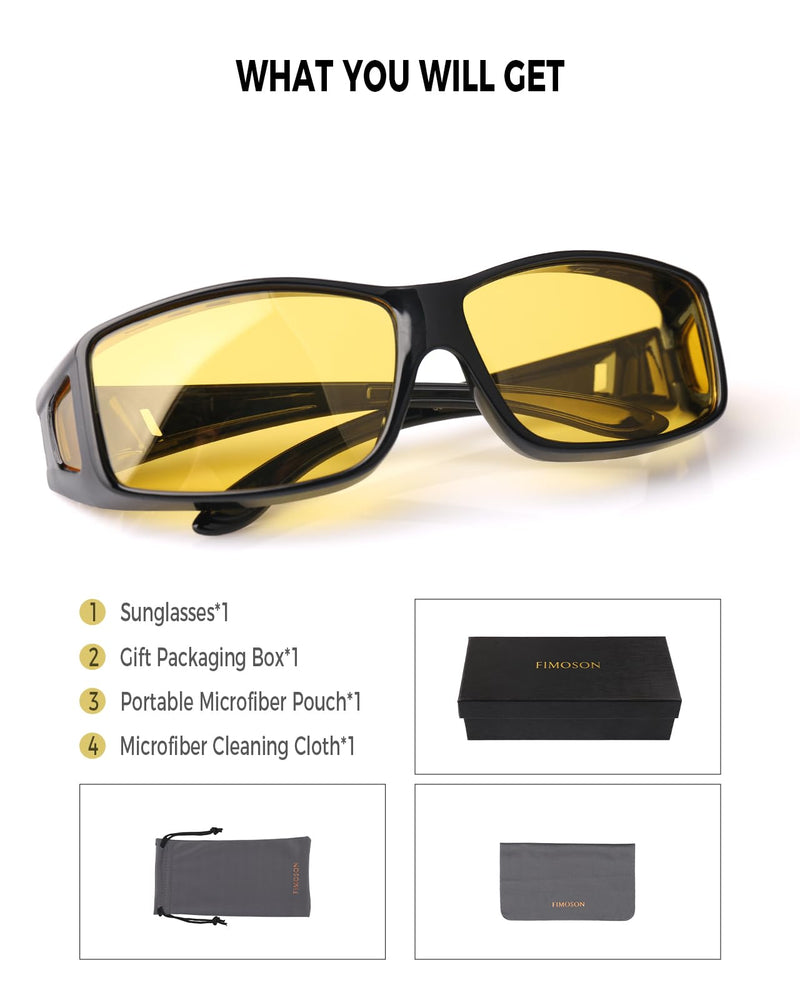 Night Driving Glasses for Men Women Fit Over Sunglasses Anti Glare Polarized HD Night Vision Glasses A02 Glossy Black Frame/ Yellow Night Vision Lens - BeesActive Australia
