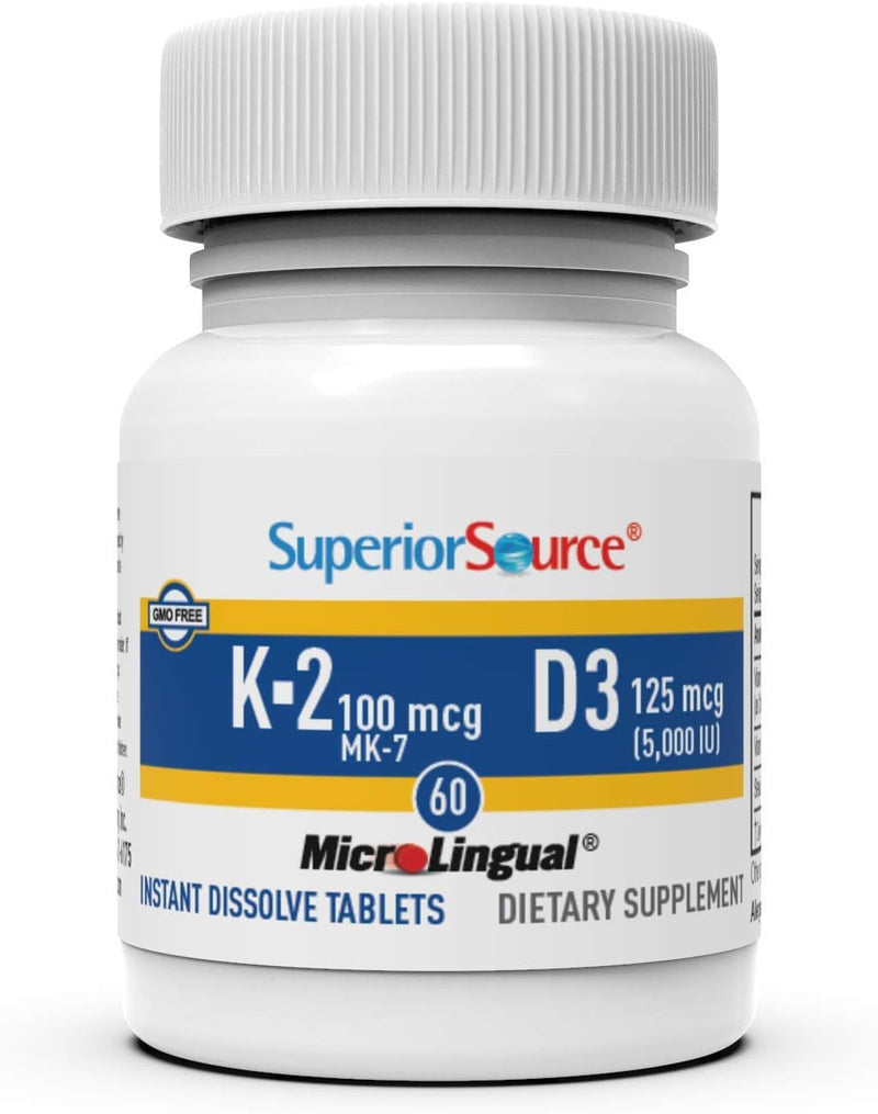 Superior Source K2 (MK-7) 100 mcg, with D3 (5,000 IU) Supplement, Quick Dissolve MicroLingual Tablets, 60 Count, Strengthen Bones, Cardiovascular & Immune System Support, Non-GMO