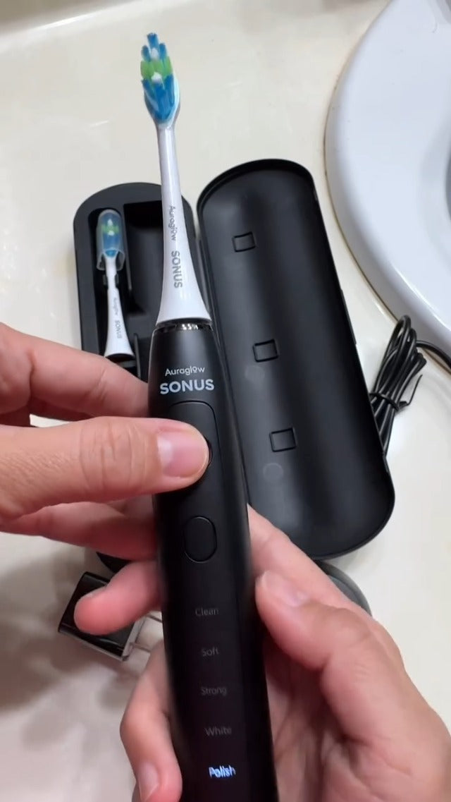 AURAGLOW Electric Toothbrush for Adults, Strong Sonic Toothbrush, 40,000 VPM, Rechargeable, 5 Modes, Removes 10x More Plaque, IPX7, 30-Day Battery, 2 Brush Heads & Travel Case Black