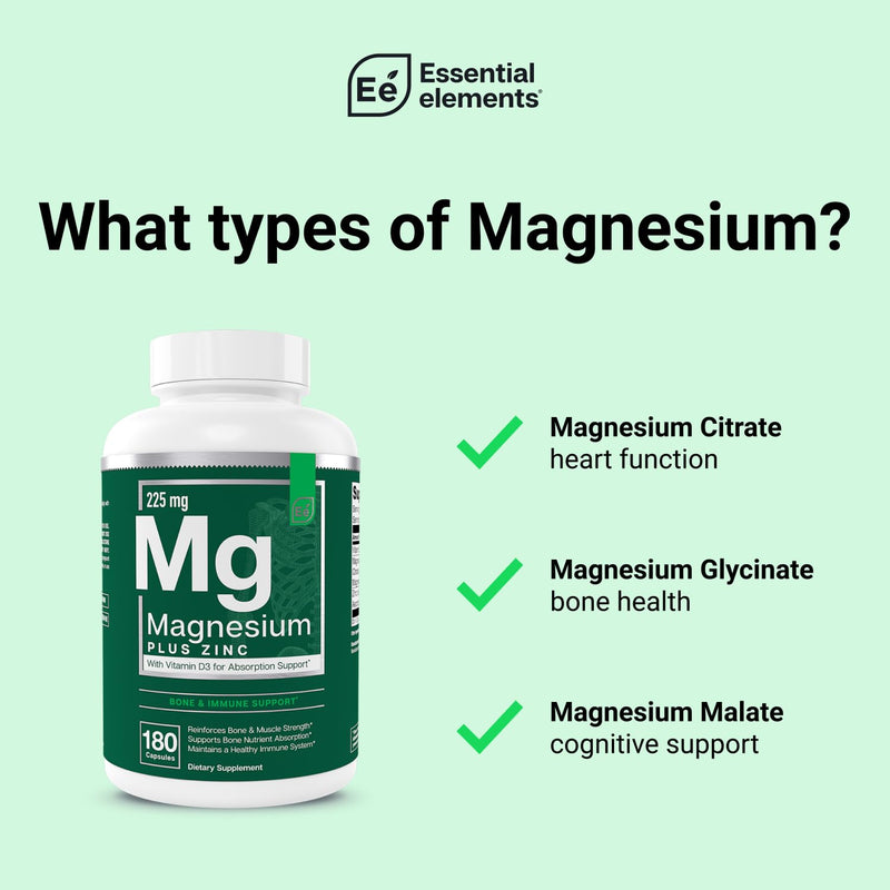 Essential Elements Magnesium Plus Zinc with Vitamin D3 - Scientifically Formulated Heart, Bone, & Muscle Support - 225mg Triple-Strength Magnesium Complex with Glycinate, Malate, Citrate - 360 Count 180 Count (Pack of 2)