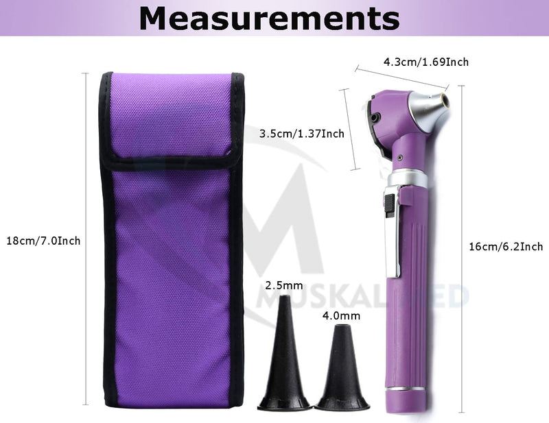 Mini Otoscope Portable Ear Light and Exam Kit 3X Magnifying Fiber Optic Scope with Spare Tips, Bulb, and Carrying Case - Pocket Equipment for Home and Use Purple - BeesActive Australia