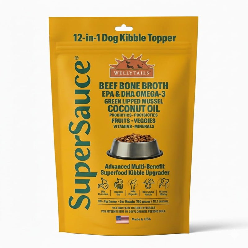 SUPERSAUCE Dog Probiotics, Bone Broth, Superfoods & Multivitamins, 12 in 1 Dog Food Topper Powder Supplement. Supports Healthy Joints, Skin, Digestion and Immune System