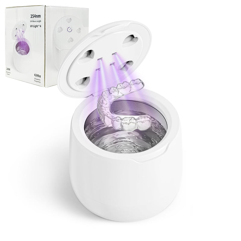 42kHz Ultrasonic Retainer Cleaner Machine,with 4 powerful 254nm UV lights,Pratical Dental Ultrasonic Cleaner for Denture, Night Guard, Mouth Guard, Aligner, Braces, Toothbrush Head & Jewelry (White)