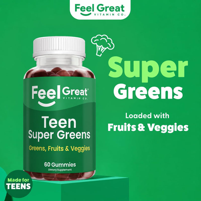 Feel Great Super Green Gummies Teen Vitamins | Vegan Veggie Gummy Multivitamin for Teens | Fruit and Vegetable Supplement | Veggie Fiber Supplement | 60 Count
