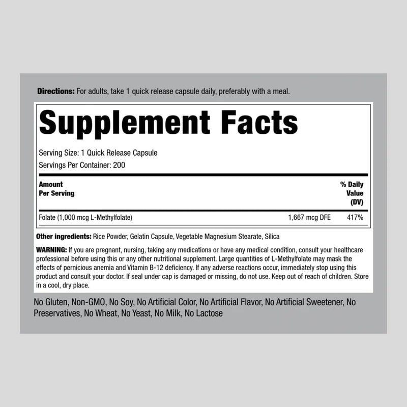 Piping Rock L Methylfolate Supplement | 1000 mcg | 200 Capsules | Active Form of Folic Acid | Non-GMO, Gluten Free