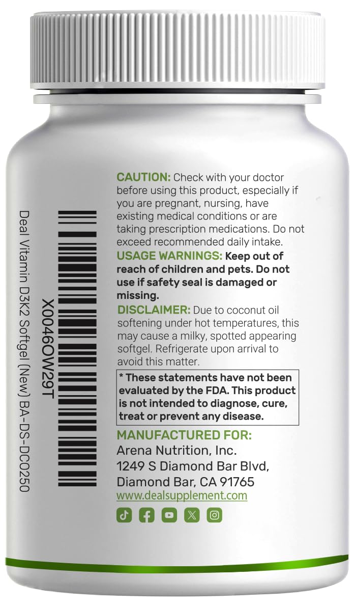 DEAL SUPPLEMENT Vitamin D3 5,000 IU + K2 MK7 100mcg Softgels | 2-in-1 Complex with Virgin Coconut Oil | Supports Heart, Bone, Teeth & Immune Health | Easy to Swallow