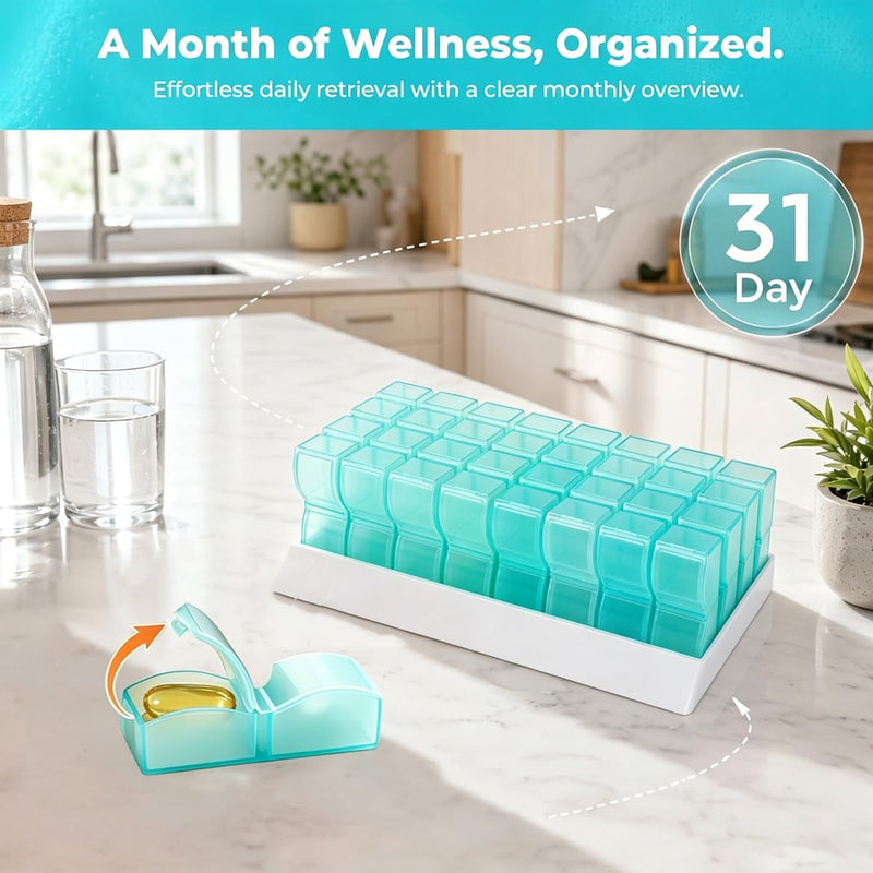 Monthly Pill Organizer, 31 Day Pills Case for Hold Vitamin and Travel Medicine, Portable Pill Storage Box, Cyan