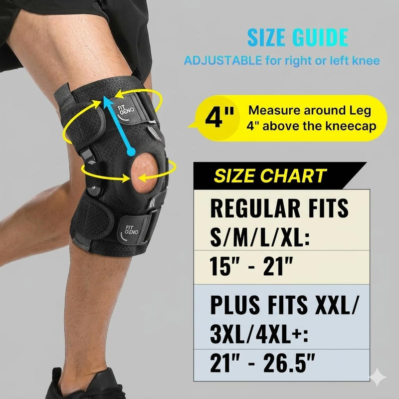 Fit Geno Hinged Knee Brace for Meniscus Tear: Adjustable Knee Support for Knee Pain w/Side Stabilizers & Hinges for Injury or Surgery Recovery - Men and Women Black Regular fits S/M/L/XL