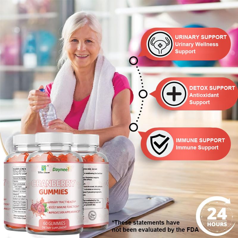 Cranberry Gummies for Women, Urinary Tract Support, 60 Count | Cranberry supplement gummies with vitamin C and E, vegan and non-GMO, for daily urinary tract wellness