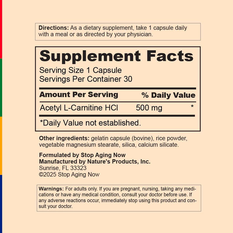 Stop Aging Now - PurAlc Acetyl-L-Carnitine HCI PurALC - 500mg Vitamin Supplement - 30 Capsules