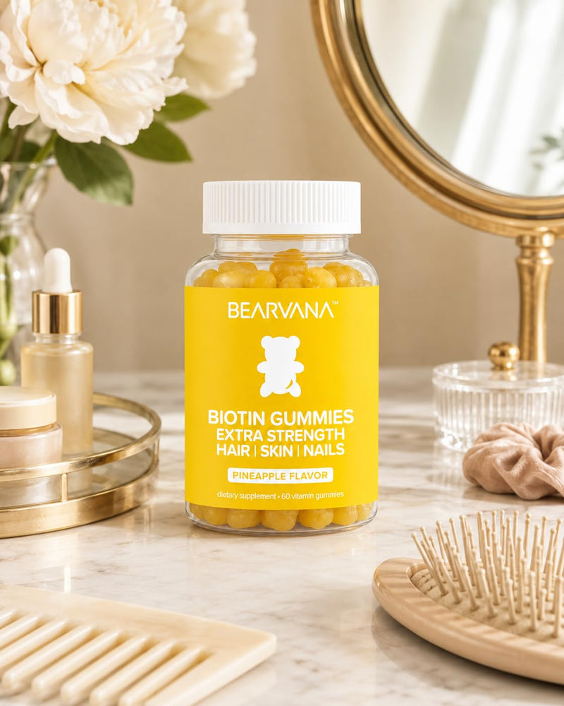BEARVANA Biotin Gummies Extra Strength | Hair Skin & Nails Vitamins with Biotin, Vitamin C, E, B6 & B12 | Vegan Gummy Vitamins | Pineapple Flavor | 60 Gummies