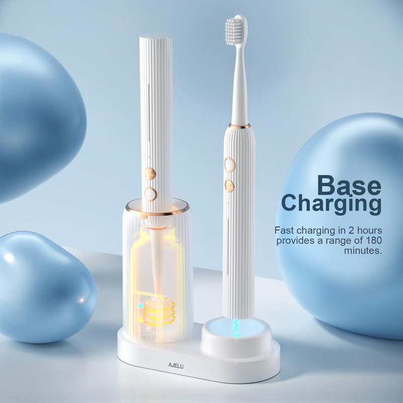 AJELU Electric Toothbrush Set with Drying & Sanitizing Holder, 8 Replacement Brush Heads, Transparent Rinse Cup, Smart Timer, USB Rechargeable for Adults White - BeesActive Australia