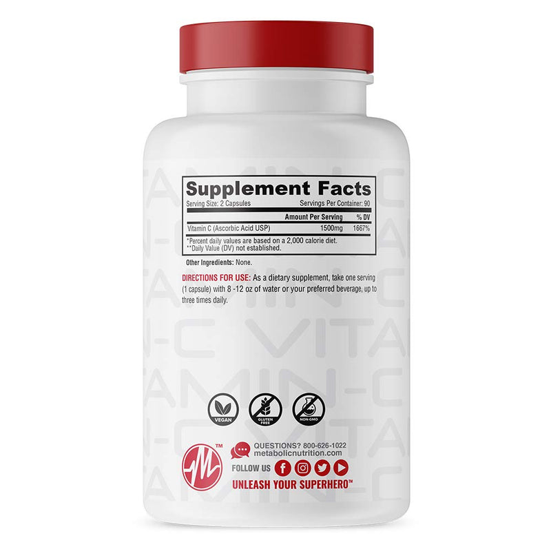 Metabolic Nutrition Vitamin C, 1500mg, Pure Pharma Grade, High Absorption Ascorbic Acid Capsules (90 caps) 1 Count (Pack of 90)