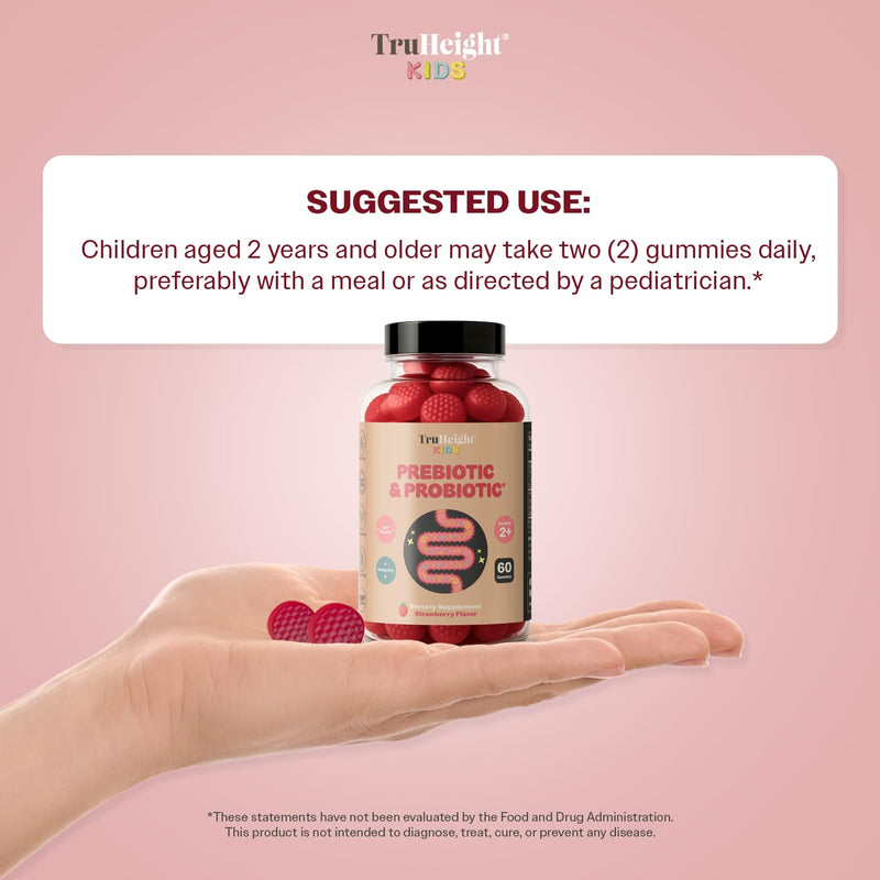 TruHeight Kids Prebiotic & Probiotic Gummies Ages 2+ (Strawberry Flavor) Toddlers & Kids All Natural Gut Health, Digestive Enzymes, Stomache Ache, Constipation Relief Supplement - Pediatric Vitamins 60 Count (Pack of 3)