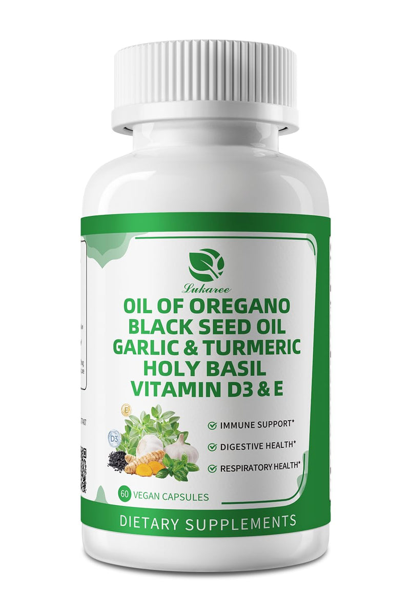 Organic Oil of Oregano Capsules with Black Seed Oil, Garlic, Turmeric, Holy Basil, Vitamin D3, E & Black Pepper for Better Absorption ‚Äì Immune, Digestive & Respiratory ‚Äì Vegan, Non-GMO, 4 Month Supply 60 Count (Pack of 2)