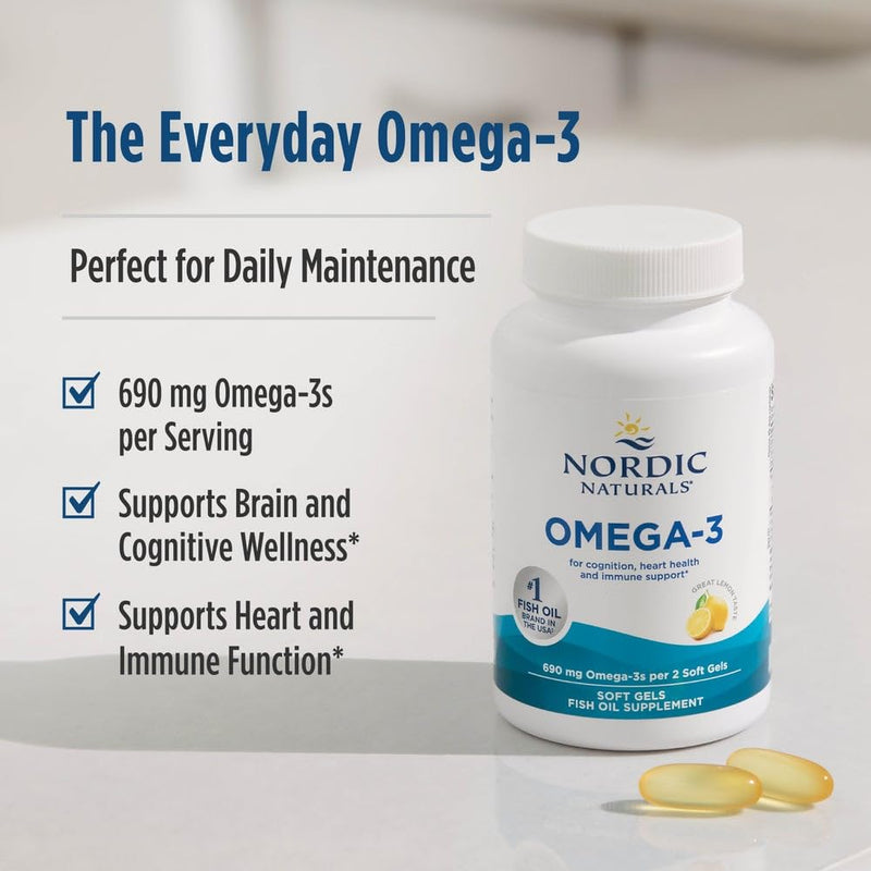 Nordic Naturals Omega-3, 690mg Fish Oil, EPA & DHA, Lemon - 120 Count | Omega-3 fish oil supports immune, brain & heart health. Optimal Wellness. Non-GMO, burpless. 60 servings. 120 Count (Pack of 1)
