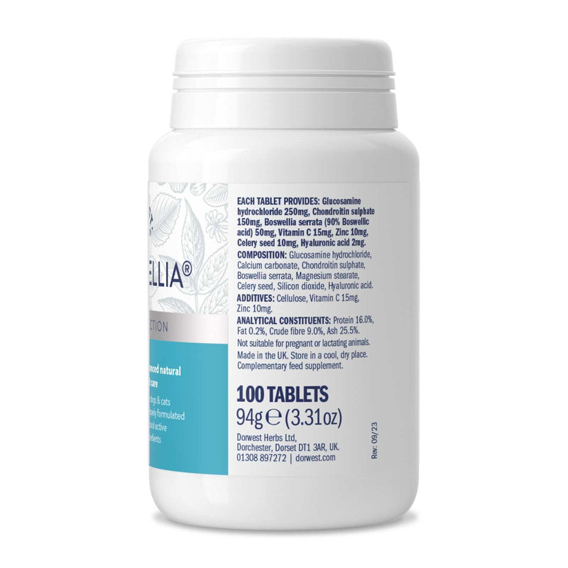Dorwest Herbs MoveWellia Joint Care Supplement for Dogs and Cats - 100 Tablets - Natural Dog Supplements for Joint Discomfort with Boswellia, Chondroitin, Glucosamine and Celery Seed