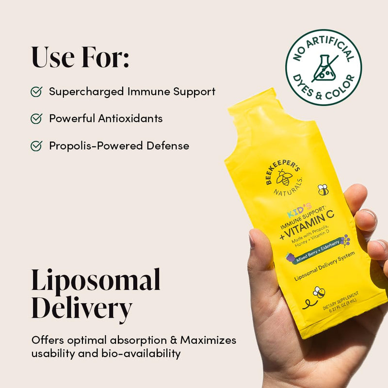Beekeeper's Naturals Kid's Immune Liposomal Vitamin C, Mixed Berry, 30 Ct | 500 mg Vitamin C, Elderberry, Vitamin D, Propolis & Honey, Easy to Use Kids 30 Packets