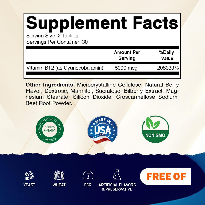 Vitamatic Vitamin B12 5000 mcg – 60 Fast Dissolve Tablets Berry Flavor – Supports Energy Production & Nervous System Health – Non-GMO, Gluten-Free 60 Count (Pack of 1)