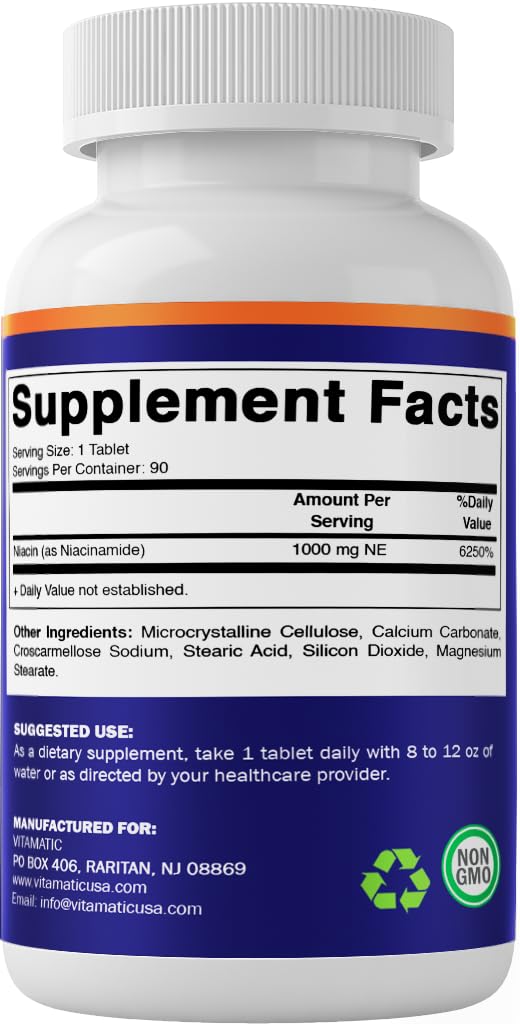 Vitamatic Niacinamide 1000 mg 90 Tablets - Flush Free Vitamin B3 - Supports Energy Production (Pack of 2) 90 Count (Pack of 2)