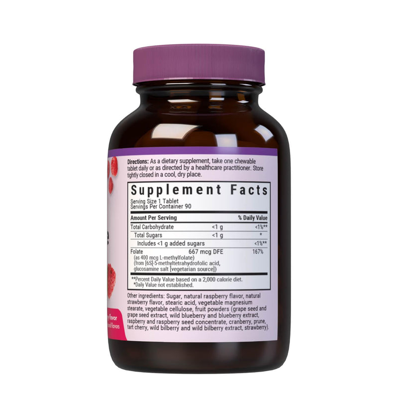 Bluebonnet EarthSweet Methylfolate 400 mcg Cellular Active Coenzyme 5-MTHF L Methyl Folate Supplement - Prenatal & Energy Support* - Non-GMO, Vegan, Gluten-Free - Raspberry - 90 Chewable Tablets | Prenatal & Postnatal Health; Non-GMO, Vegan, Gluten-Fre...