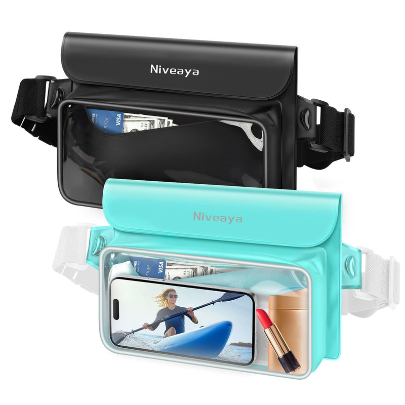 Niveaya IPX8 Waterproof Fanny Pack - 2 Pack, Floating Dry Bag Pouch, Phone Waterproof Waist Pouch Dry Bag, Beach, Kayaking, Swimming, Boat Essentials, for iPhone 17/16/15/14/13/12 Pro Max up to 9.5" Black&Green - BeesActive Australia