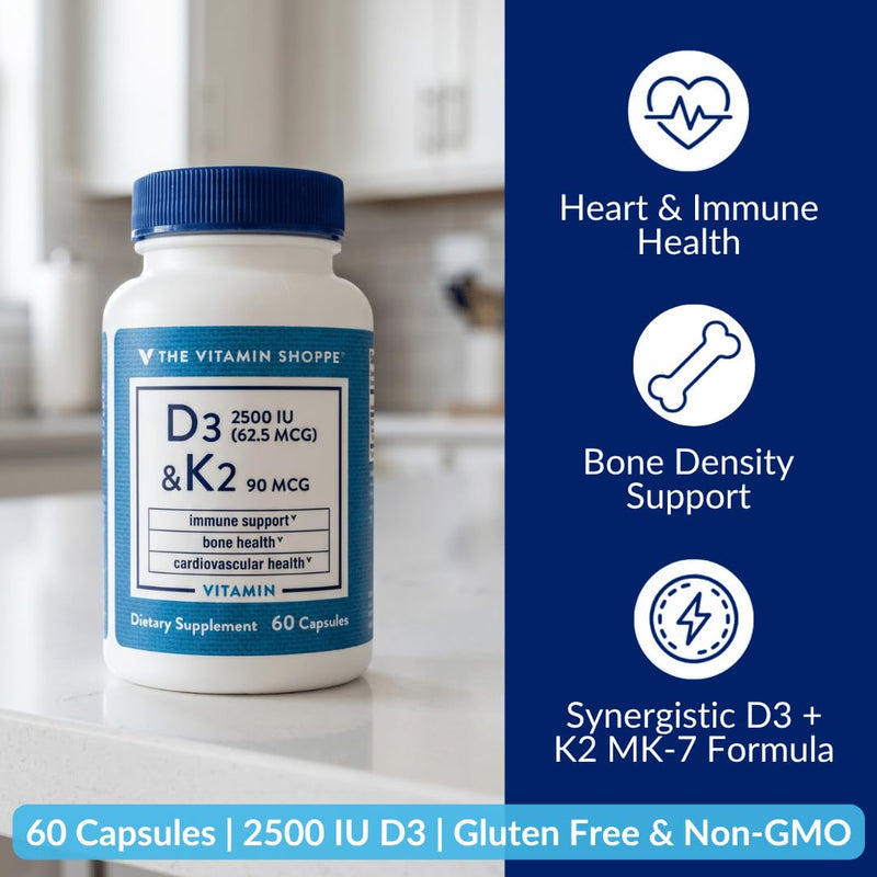 The Vitamin Shoppe Brand Vitamin D3 2500 IU & K2 90 MCG, 60 Capsules | Includes Calcium, D3, K2 & MK7 for Bone Health, Immune Support & Cardiovascular Health, Gluten Free