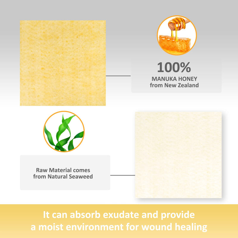 Dr. Med Manuka Honey Calcium Alginate Dressing 2"x2" (10 PCS/Box), Highly Absorbent dressings with Honey for Abrasions, Burns, Diabetic Foot, Pressure Sores and Venous Ulcers Faster Wound Care Manuka Honey Pads 2" x 2" - 10 Pcs/Box