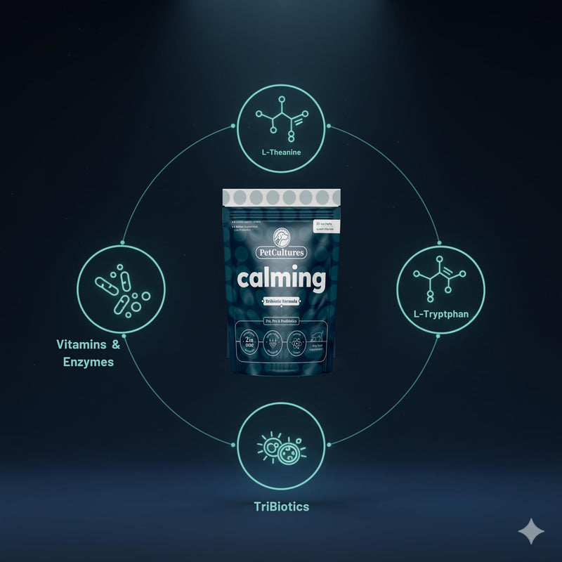 PetCultures Calming Tribiotic Dog Supplement Powder – Supports Stress, L-Tryptophan, L-Theanine, and Gut-Brain Axis Balance - Made in USA (Trial Pack 10-Units)