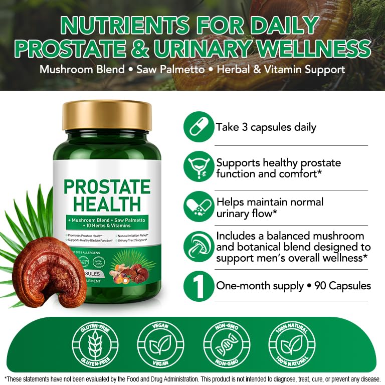 Saw Palmetto Prostate Supplement for Men 2000mg – Advanced 45% Fatty Acids Formula with Reishi & Maitake, Stinging Nettle, Zinc Selenium Magnesium Vitamin C Lycopene – Urinary Support – 90 Capsules