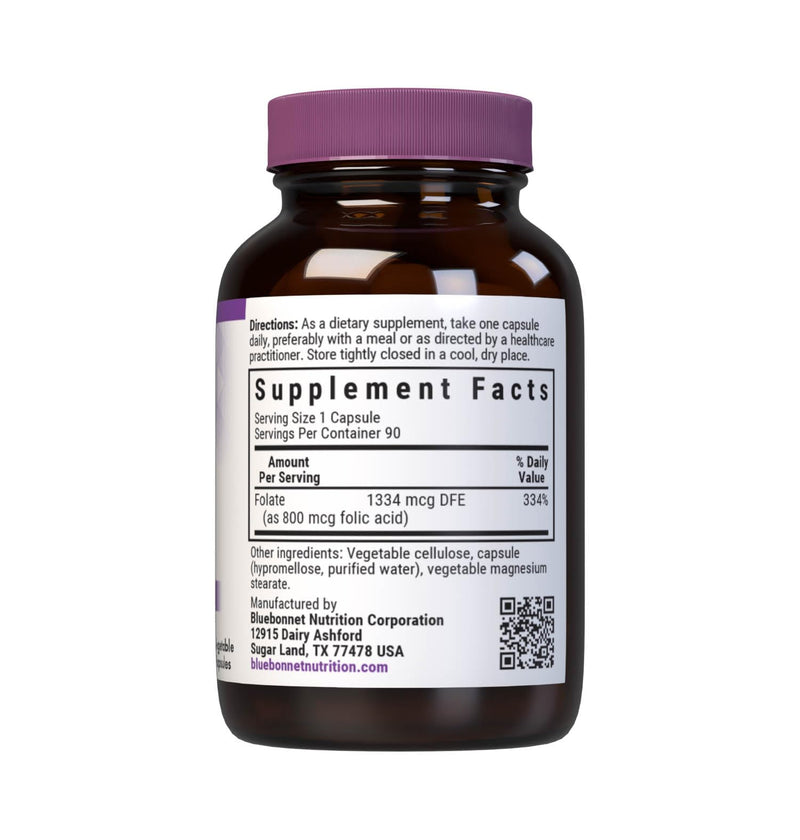 Bluebonnet Nutrition Folic Acid 800mcg, Healthy Neurological Development*, Soy-Free, Gluten-Free, Non-GMO, Kosher Certified, Dairy-Free, Vegan, 90 Vegetable Capsules | Prenatal & Postnatal Health; Non-GMO, Vegan, Kosher Certified, Gluten-Free, Soy-Free...