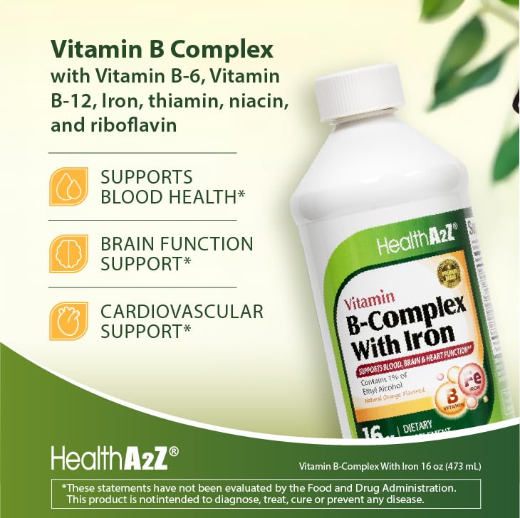 HealthA2Z® Liquid Vitamin B-Complex Plus Iron, Natural Orange Flavored, 16oz (473ml)