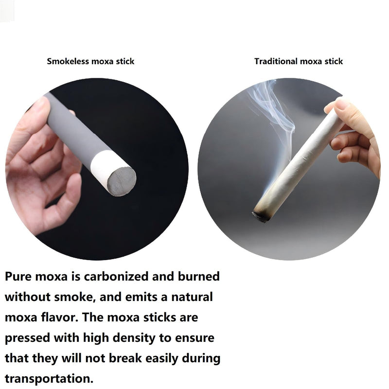 Smokeless moxa sticks 5 pcs.No smoke is produced during moxibustion.it is no longer bothered by the Smoke brought by traditional Moxa stick.Made of pure mugwort and carbonized.size:13cm*1.6cm.5pcs/box