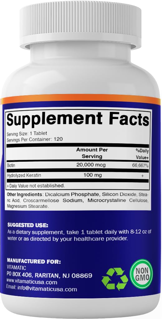 Vitamatic Biotin 20,000 mcg Tablets with Keratin, 120 Count - 3 Pack | Supports Healthy Hair, Nails and Skins*, Non-GMO, Gluten Free, Made in USA 360 Count (Pack of 1)